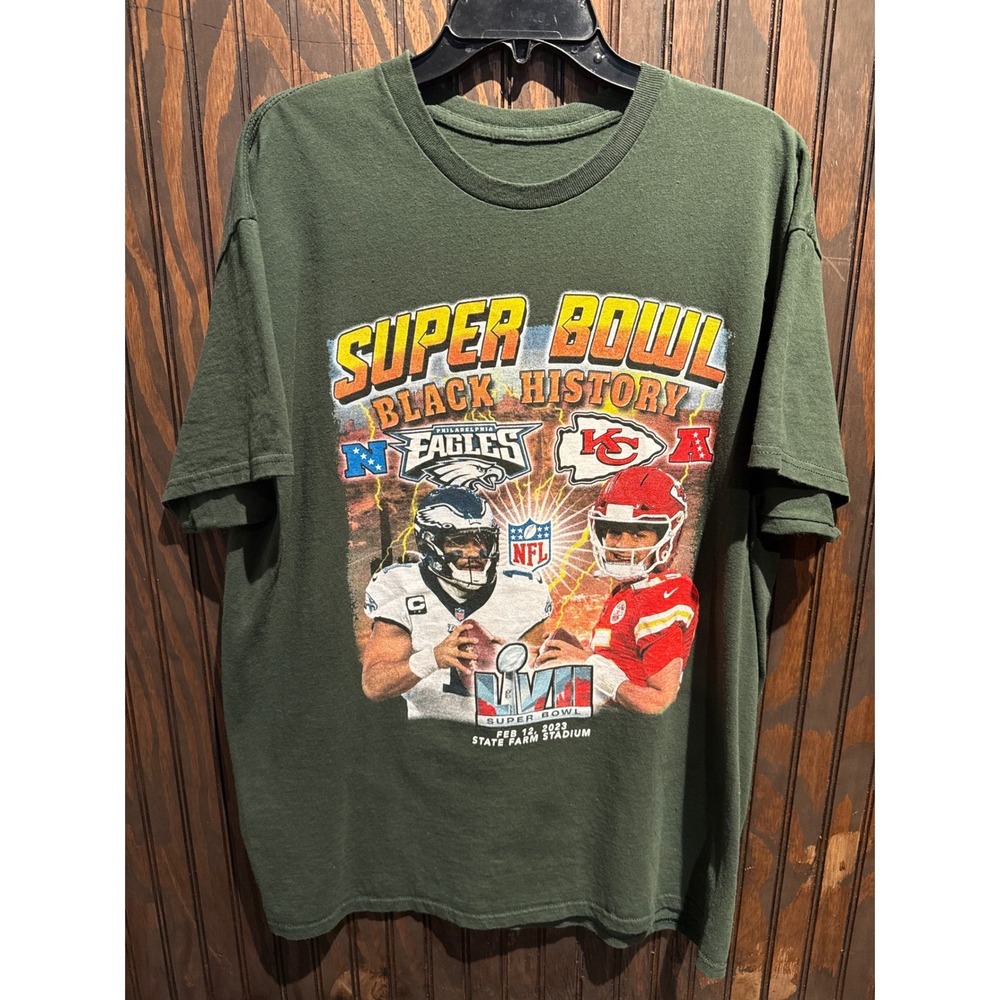 Super Bowl LVII Black History Mahomes Hurts Eagles Chiefs Green T-Shirt XL 2023